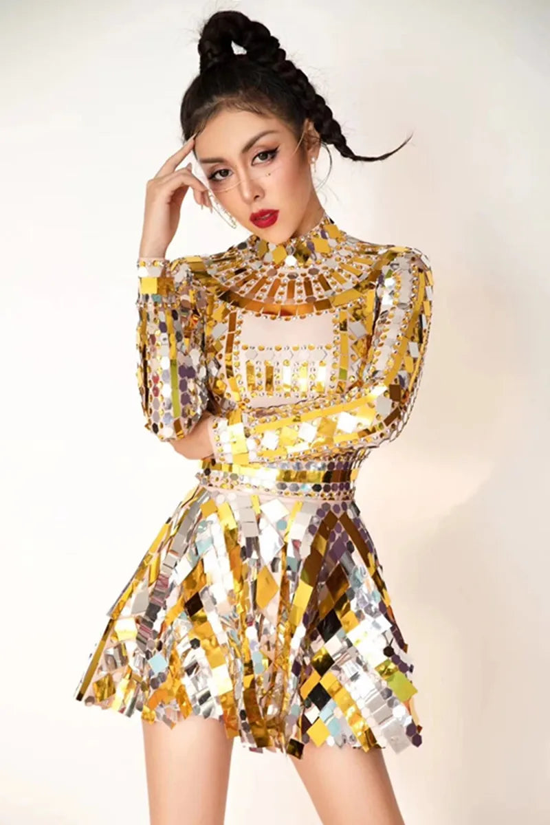 Shiny Silver Gold Rhinestone Sequinned Bodysuit