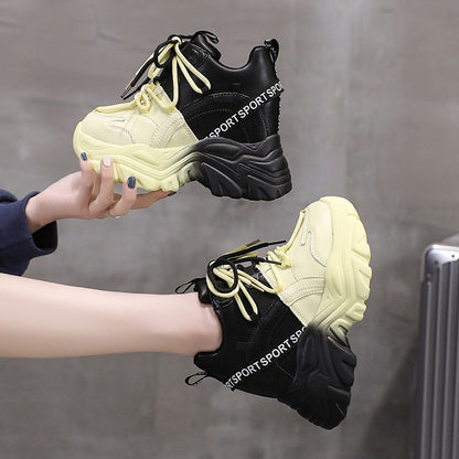 Shoes High Platform Chunky Sneakers Women Sports Tennis Sneakers - Black & Yellow - DITCHWORLD