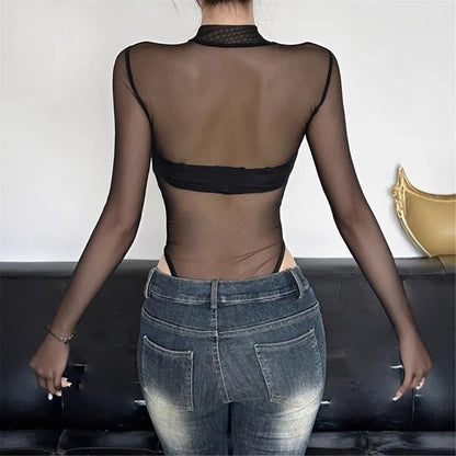 Womens Snake Mesh Leotards - Long Sleeve Bodysuit Round Neck Sheer Clothing  Bodysuit