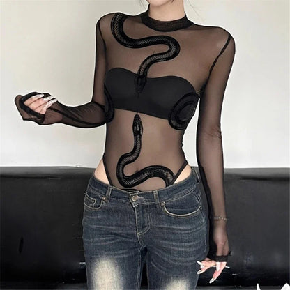 Womens Snake Mesh Leotards - Long Sleeve Bodysuit Round Neck Sheer Clothing  Bodysuit