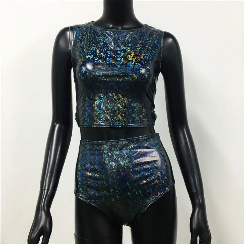 Holographic Reflect Festival Rave Outfits Sleeveless Tank Tops Super Shorts Pant Nightclub Carnival Party Women 2 Piece Sets