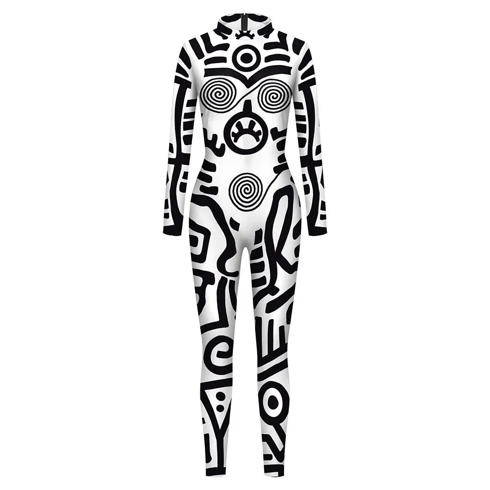 Women Men black/white Punk Robot Abstract Art Geometry 3D Printed Jumpsuit Adults Halloween Cosplay Costume for Dancing Party Dress Up festival sets