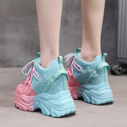 Shoes High Platform Chunky Sneakers Women Sports Tennis Sneakers - Pink & Blue - DITCHWORLD