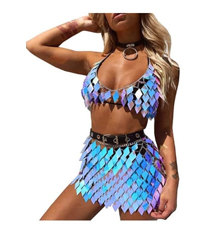 Two Piece Set Metal Chain Crop Top & Bottom - Glisten Rhombic Sequins Sexy Mini Skirt Summer Rave Festival Outfits (More colours!)