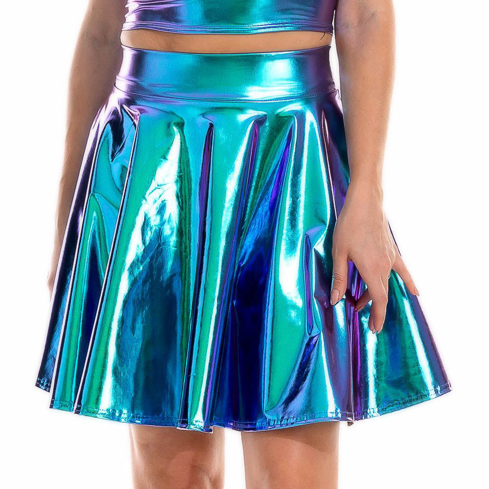 Summer Sexy Laser High Waist Mini PU Leather Skirt Club Party Dance Shiny Holographic Metallic Pleated Skirts (11 Colours)