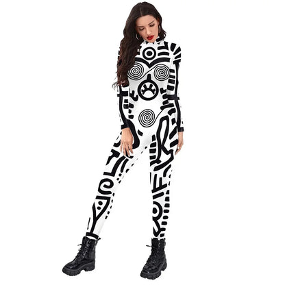 Women Men black/white Punk Robot Abstract Art Geometry 3D Printed Jumpsuit Adults Halloween Cosplay Costume for Dancing Party Dress Up festival sets