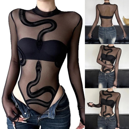 Womens Snake Mesh Leotards - Long Sleeve Bodysuit Round Neck Sheer Clothing  Bodysuit