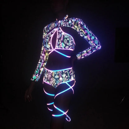 UV glowing Reflective Outfit Set Bandage Shorts+Bra+Crop Top Techwear Clothing club festival