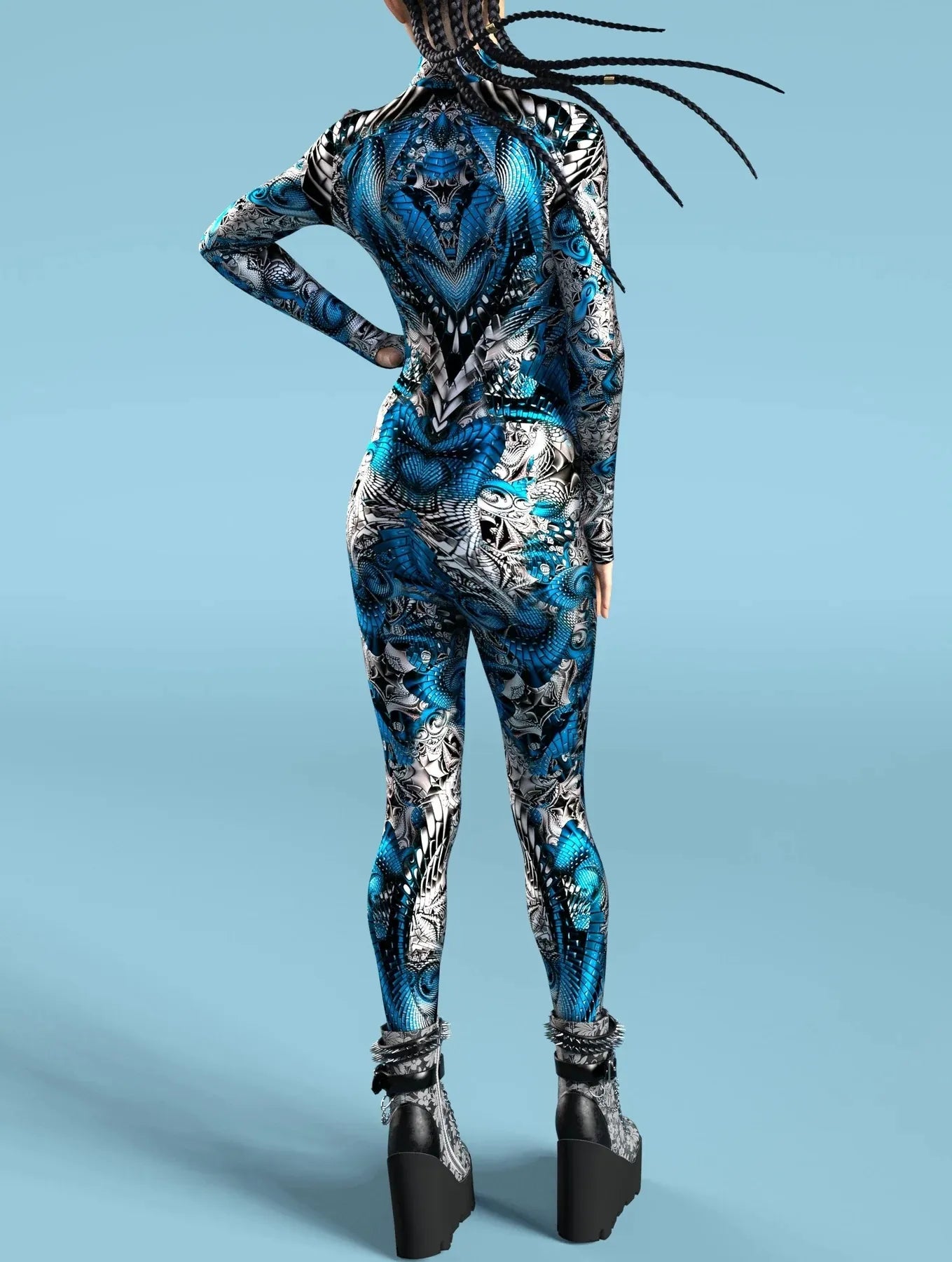 Blue & Silver Fractal Hypnotic Bodysuit - Rainbow Fractal Skinny Jumpsuit Wear Onesie Doof Costume Elastic Bodysuits Rave Rompers - DITCHWORLD