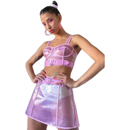 2 Piece Plastic Barbie Outfit - Transparent Women Dance Show Club Dress Sexy cute pink/purple sequin sexy