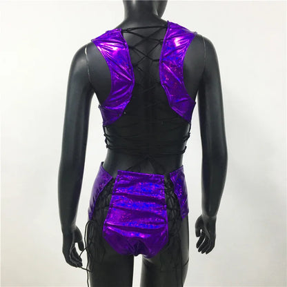 Holographic Reflect Festival Rave Outfits Sleeveless Tank Tops Super Shorts Pant Nightclub Carnival Party Women 2 Piece Sets