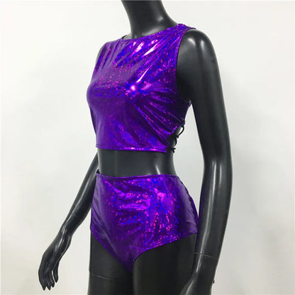 Holographic Reflect Festival Rave Outfits Sleeveless Tank Tops Super Shorts Pant Nightclub Carnival Party Women 2 Piece Sets