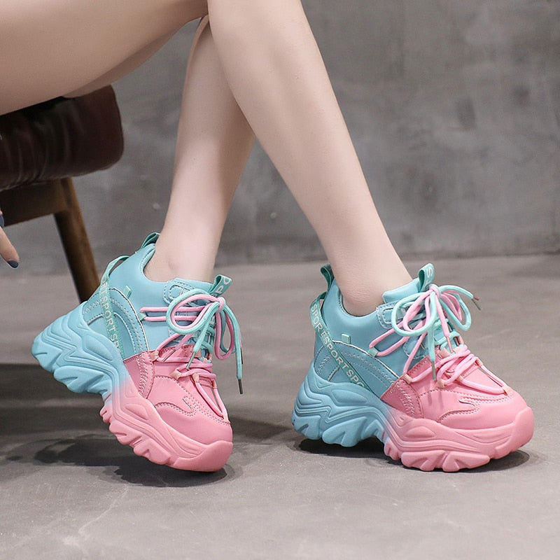 Shoes High Platform Chunky Sneakers Women Sports Tennis Sneakers - Pink & Blue