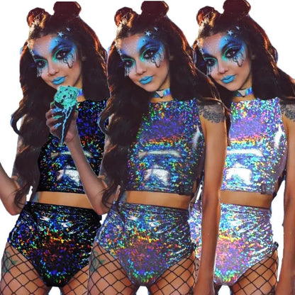 Holographic Reflect Festival Rave Outfits Sleeveless Tank Tops Super Shorts Pant Nightclub Carnival Party Women 2 Piece Sets