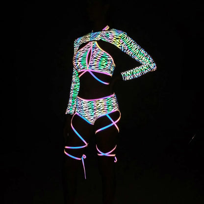 UV glowing Reflective Outfit Set Bandage Shorts+Bra+Crop Top Techwear Clothing club festival