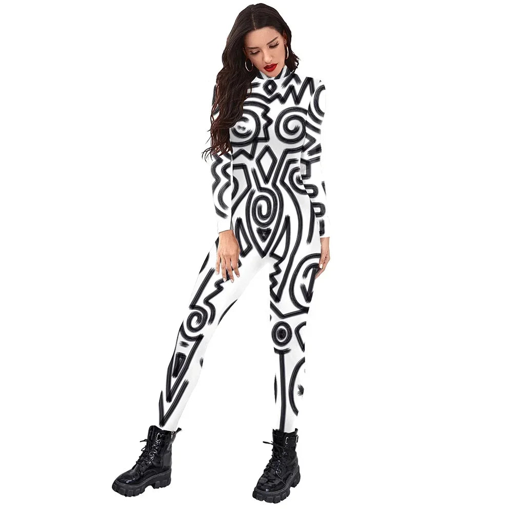 Women Men black/white Punk Robot Abstract Art Geometry 3D Printed Jumpsuit Adults Halloween Cosplay Costume for Dancing Party Dress Up festival sets