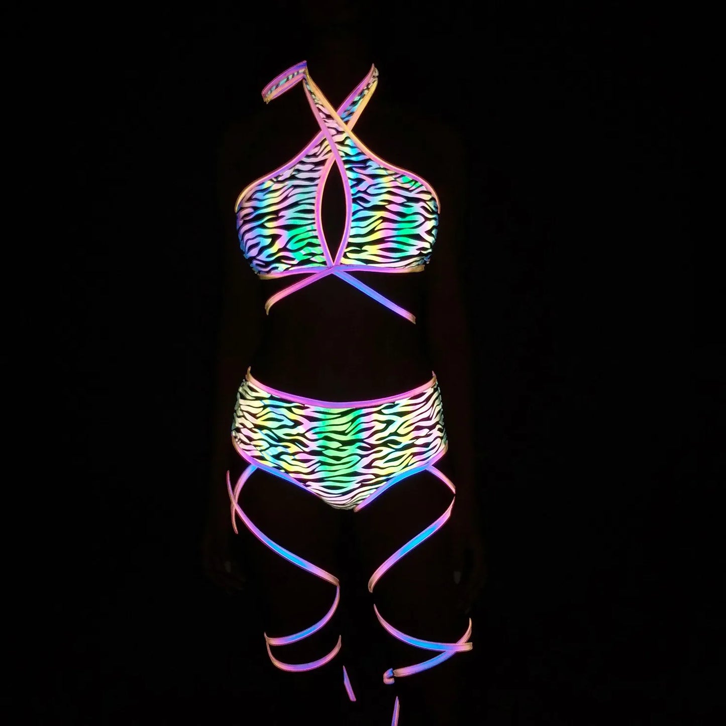 UV glowing Reflective Outfit Set Bandage Shorts+Bra+Crop Top Techwear Clothing club festival