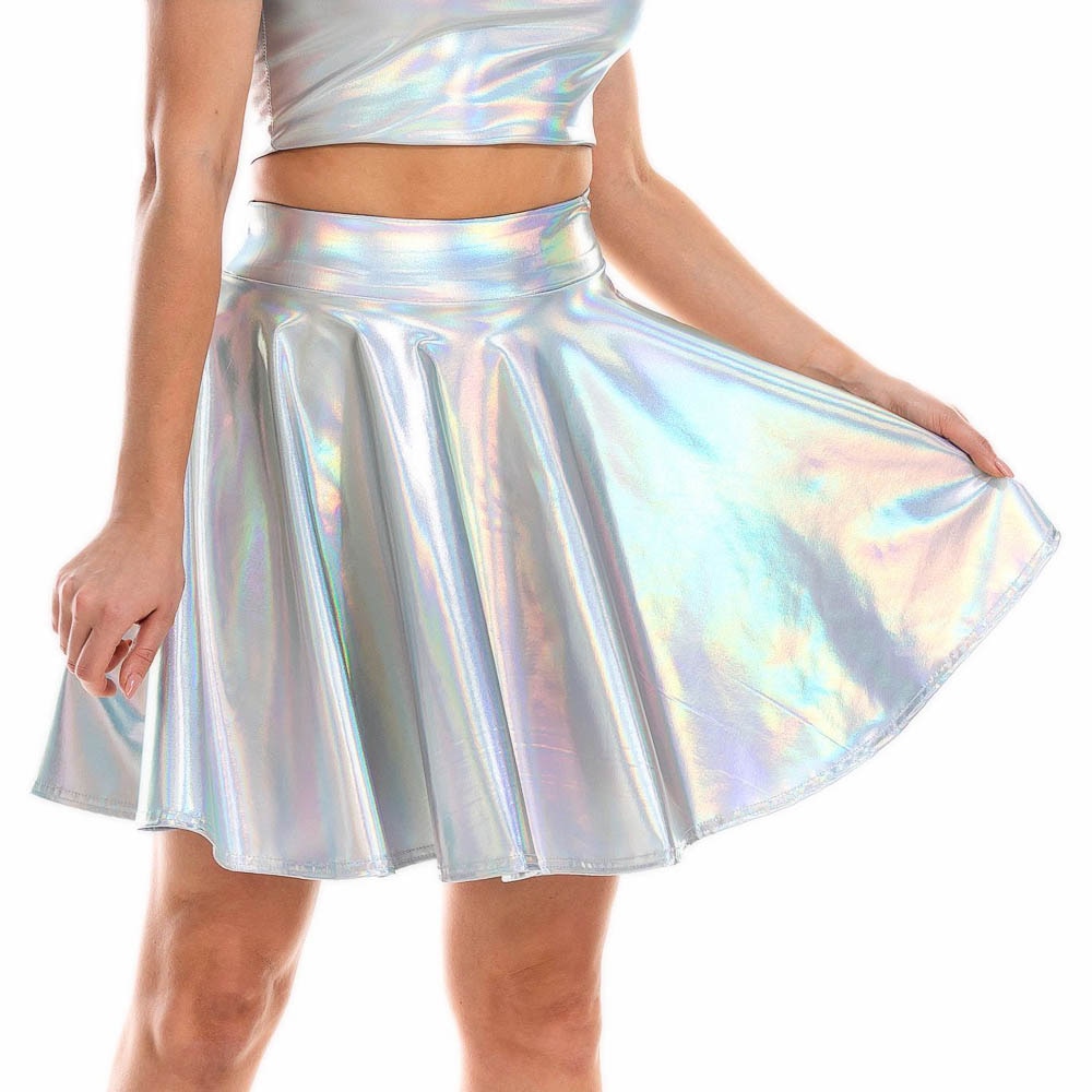 Summer Sexy Laser High Waist Mini PU Leather Skirt Club Party Dance Shiny Holographic Metallic Pleated Skirts (11 Colours) - DITCHWORLD