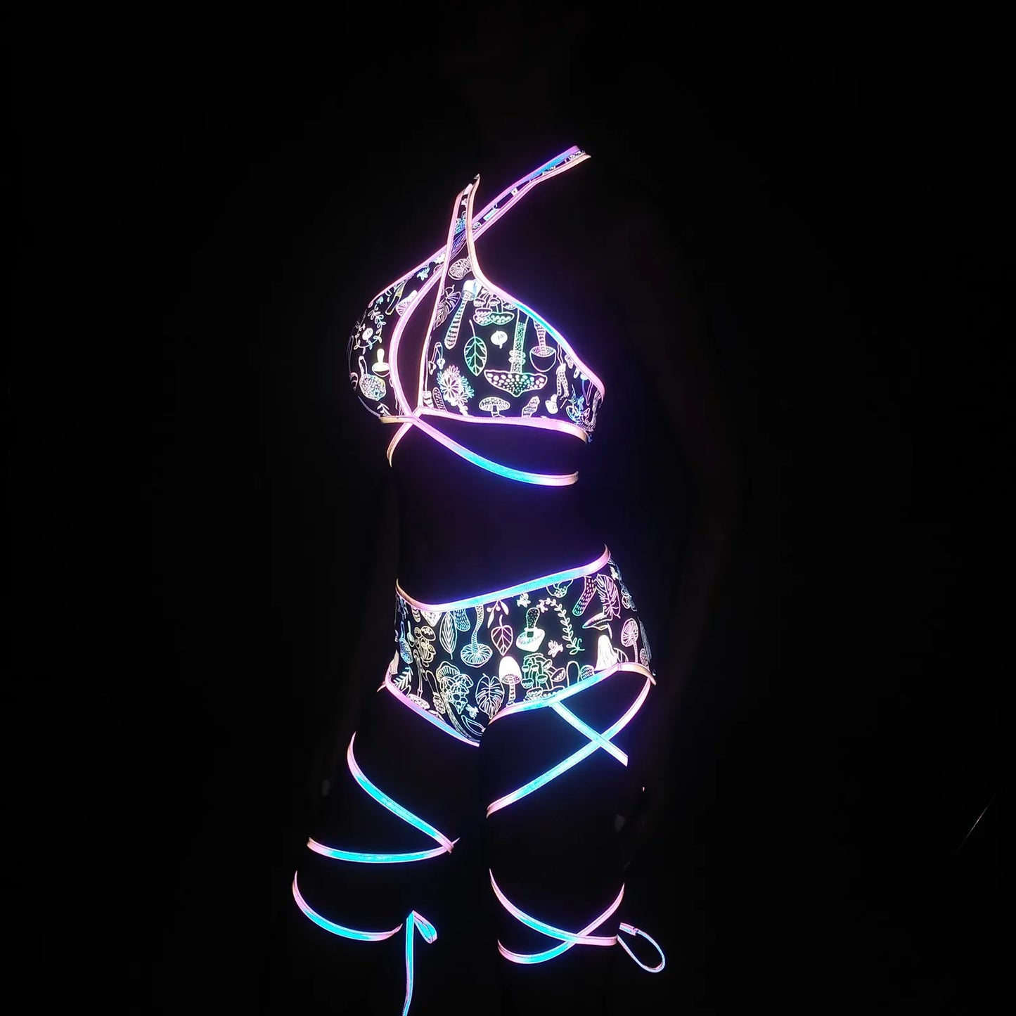 UV glowing Reflective Outfit Set Bandage Shorts+Bra+Crop Top Techwear Clothing club festival