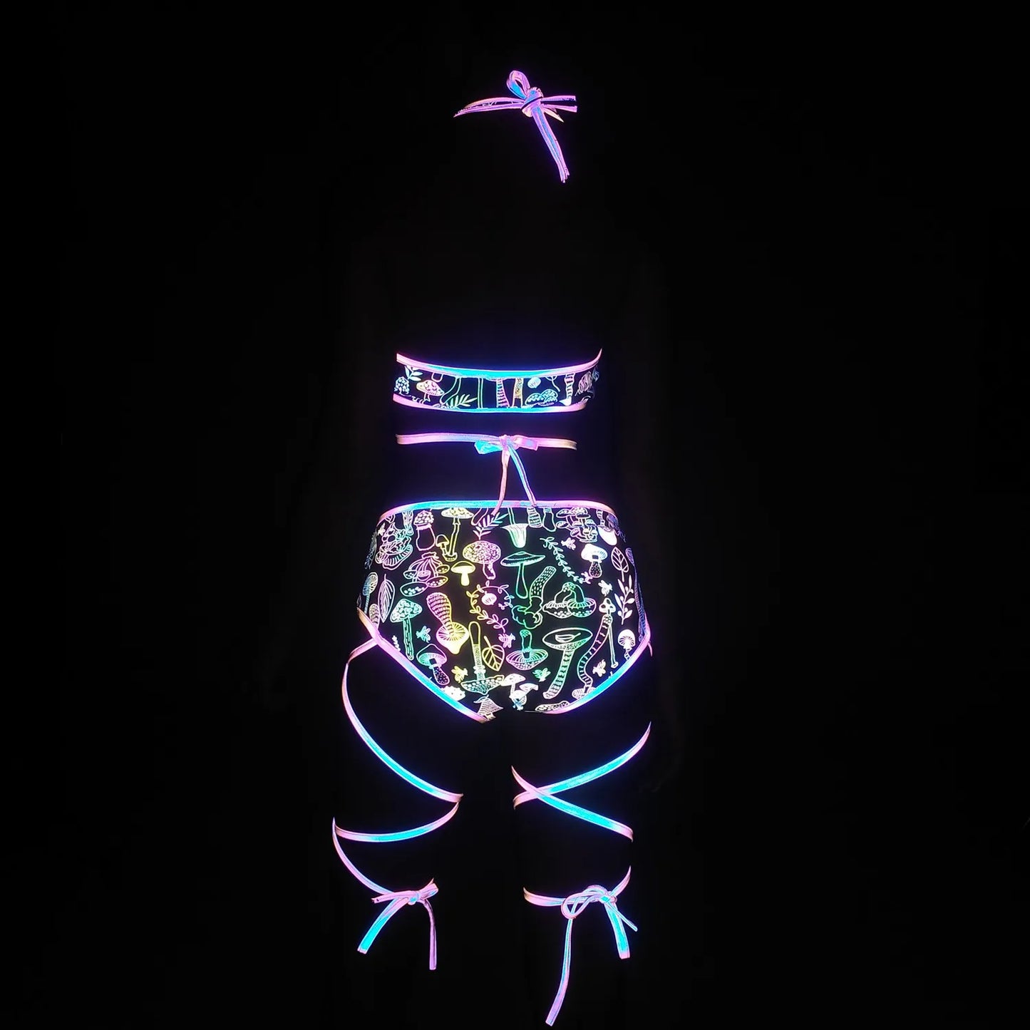 UV glowing Reflective Outfit Set Bandage Shorts+Bra+Crop Top Techwear Clothing club festival