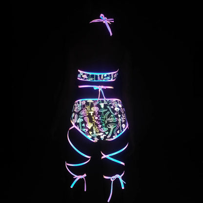 UV glowing Reflective Outfit Set Bandage Shorts+Bra+Crop Top Techwear Clothing club festival