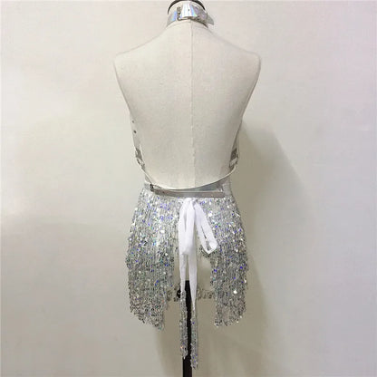 Punk Gothic Nightclub 2 Piece Set Holographic PU Harness Metal Chain Tops + Sequins Fringe Skirt Rave Party Festival Outfits