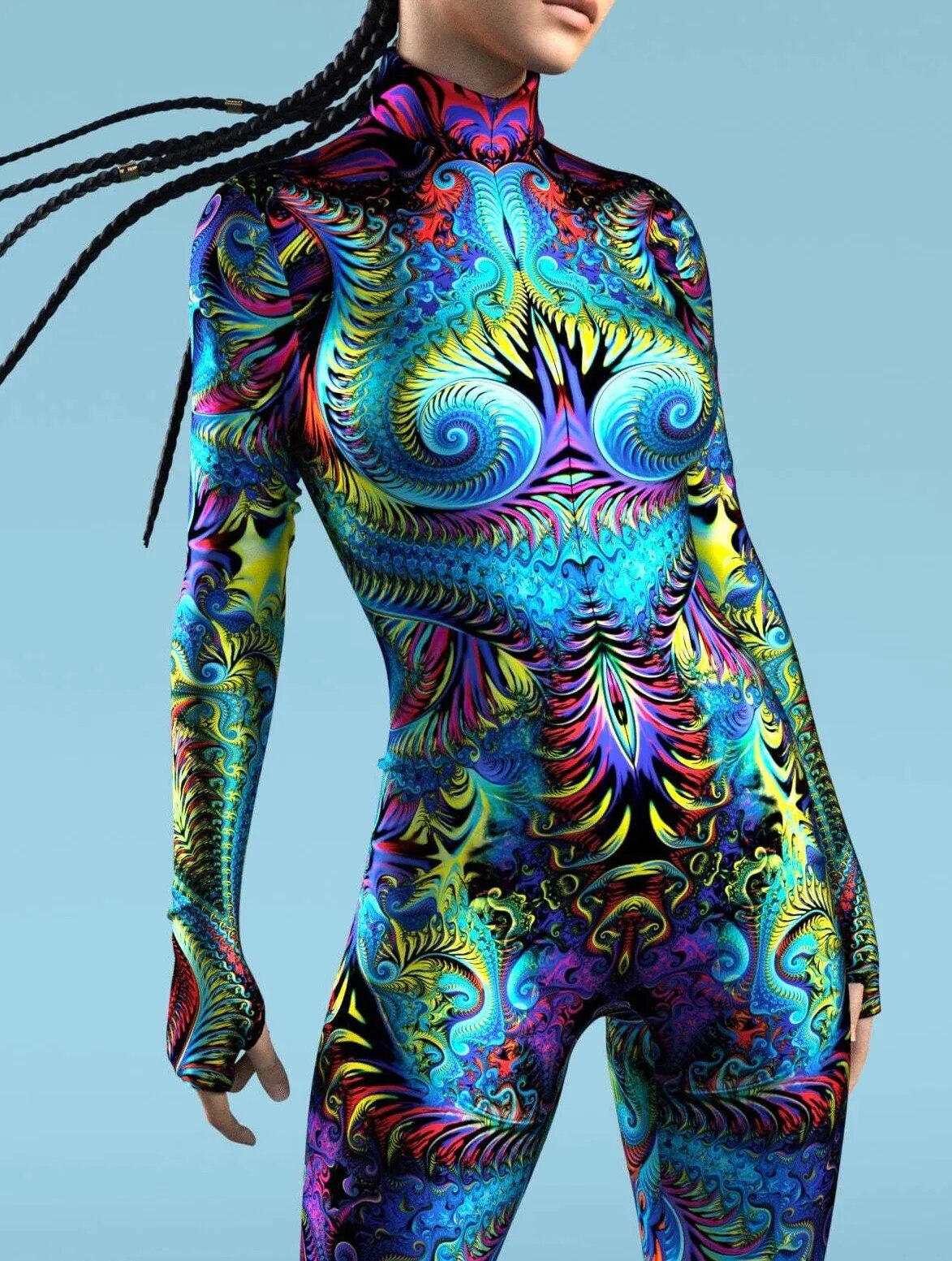Rainbow Fractal Hypnotic Bodysuit - Skinny Jumpsuit Wear Onesie Doof Costume Elastic Bodysuits Rave Rompers - DITCHWORLD