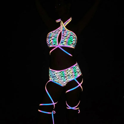 UV glowing Reflective Outfit Set Bandage Shorts+Bra+Crop Top Techwear Clothing club festival