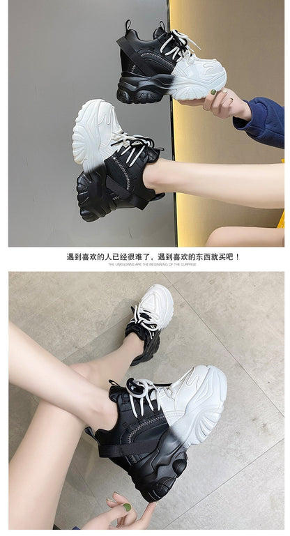 Shoes High Platform Chunky Sneakers Women Sports Tennis Sneakers - Black & White - DITCHWORLD