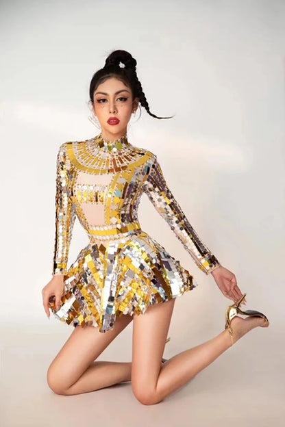 Shiny Silver Gold Rhinestone Sequinned Bodysuit