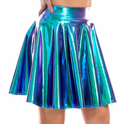 Summer Sexy Laser High Waist Mini PU Leather Skirt Club Party Dance Shiny Holographic Metallic Pleated Skirts (11 Colours)