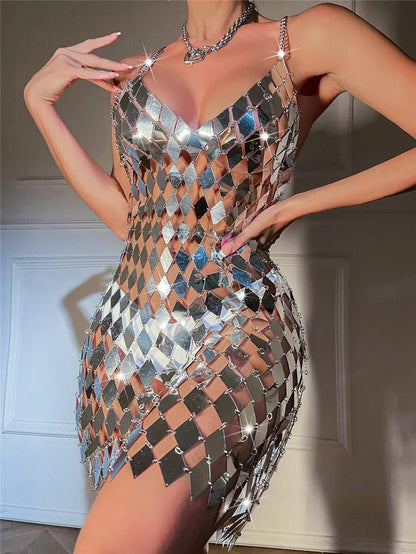 Hollow Metal Acrylic Sequins Women Dress transparent Backless V Neck Mini Rave Doof festival Party Dress - DITCHWORLD