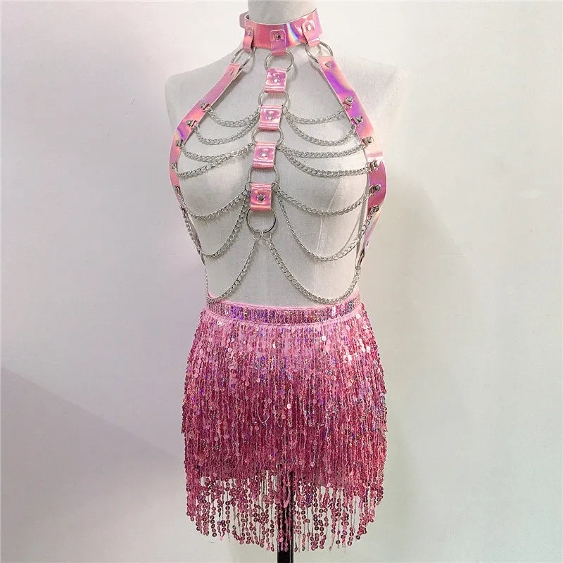 Punk Gothic Nightclub 2 Piece Set Holographic PU Harness Metal Chain Tops + Sequins Fringe Skirt Rave Party Festival Outfits