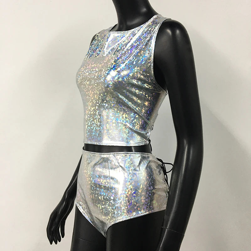 Holographic Reflect Festival Rave Outfits Sleeveless Tank Tops Super Shorts Pant Nightclub Carnival Party Women 2 Piece Sets