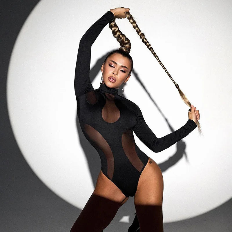 Black Hollow Out Bodysuit Mesh Patchwork Solid Full Sleeve Tate McRae style Jumpsuit for Women