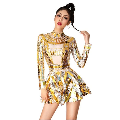 Shiny Silver Gold Rhinestone Sequinned Bodysuit