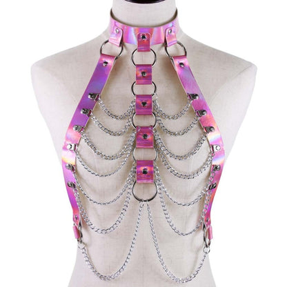 Holographic Leather  Body Chain Harness Top Punk  Women Holo Rainbow  Waist  Jewelry  Festival Rave Outfit - DITCHWORLD