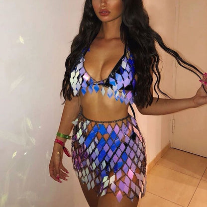 Two Piece Set Metal Chain Crop Tops  Glisten Rhombic Sequins Sexy Mini Skirt Summer Rave Festival Outfits - DITCHWORLD