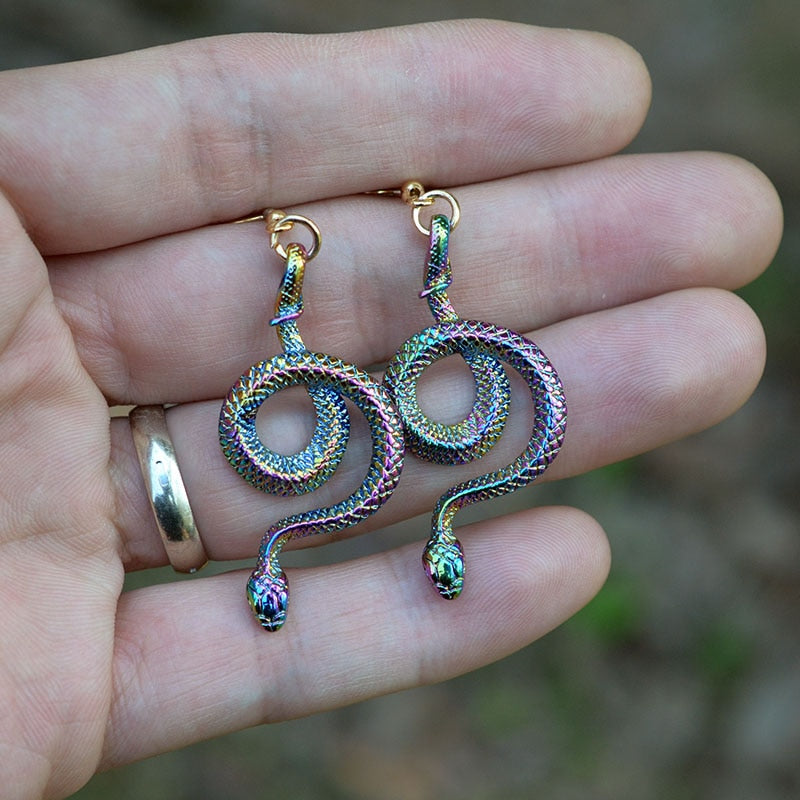 Vintage Psychedelic Snake Dangle Earrings Serpent Earrings Pagan Gothic Amulet Witch Jewelry