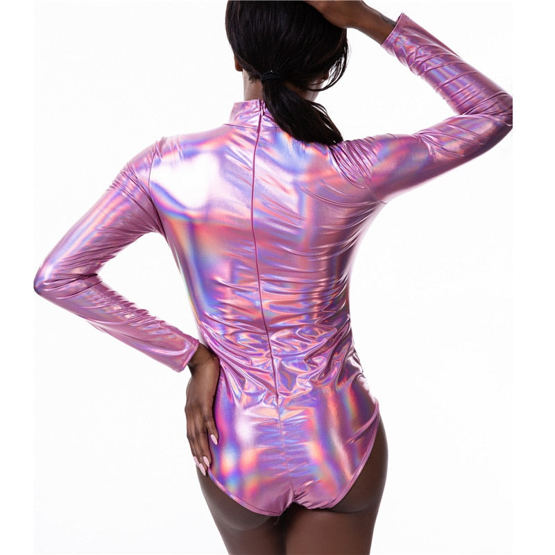 Shiny Holographic Women Bodysuit With Long Sleeve O Neck Wet Look Back Zipper Skinny Playsuits Summer Party Night Club Jumpsuits - DITCHWORLD