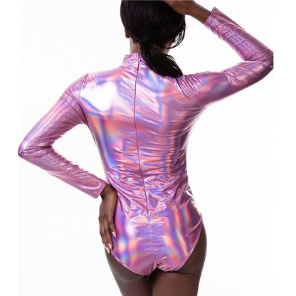 Shiny Holographic Women Bodysuit With Long Sleeve O Neck Wet Look Back Zipper Skinny Playsuits Summer Party Night Club Jumpsuits