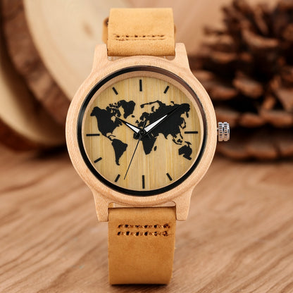World Map BAMBOO Watch Clock Retro Quartz Wristwatch Brown Leather Band Scale Dial time illusion - DITCHWORLD