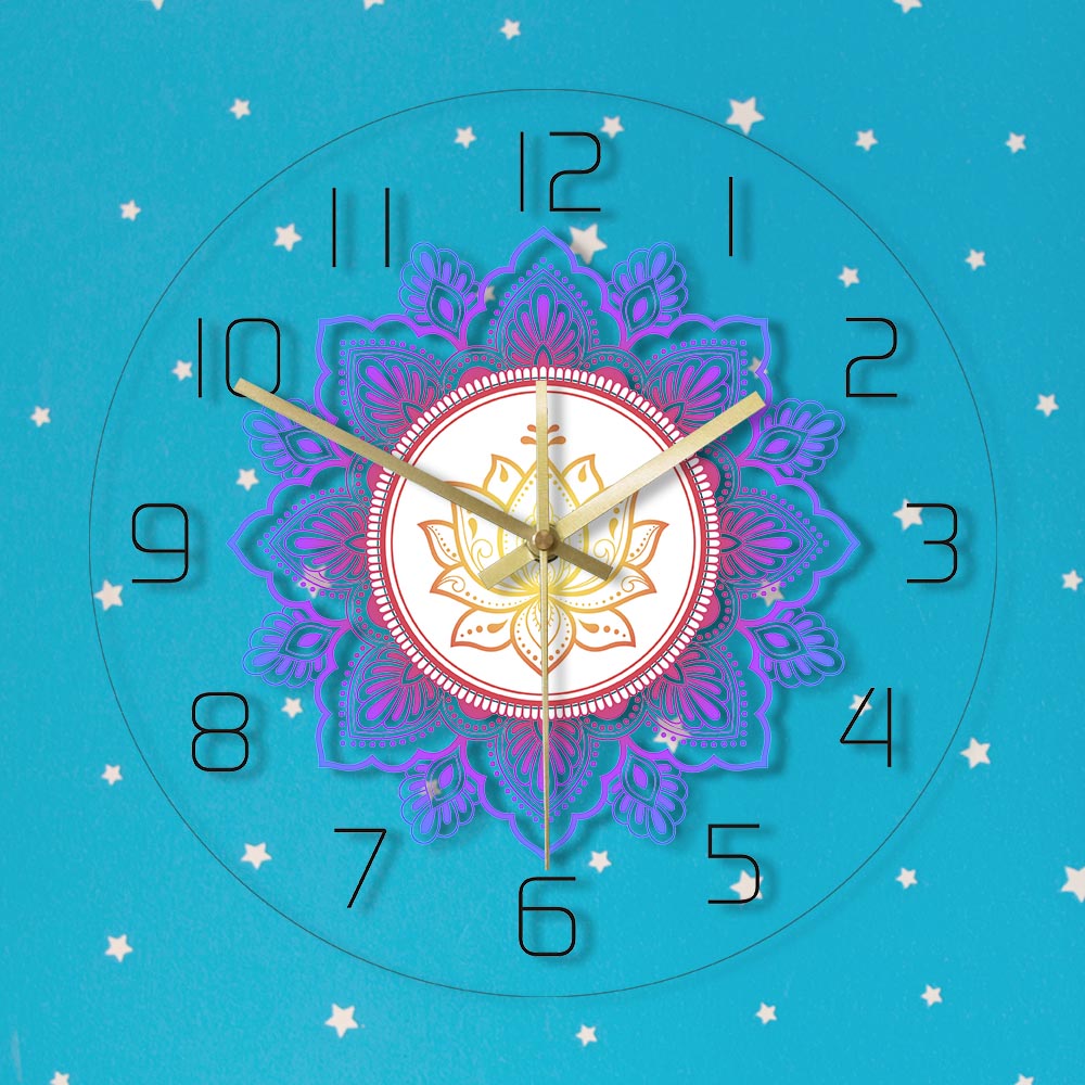 Mandala with Lotus Flower Modern Wall Clock OM Studio Sign Living Room Bedroom Bohemian Wall Decor Psychedelic Wall Clock Watch