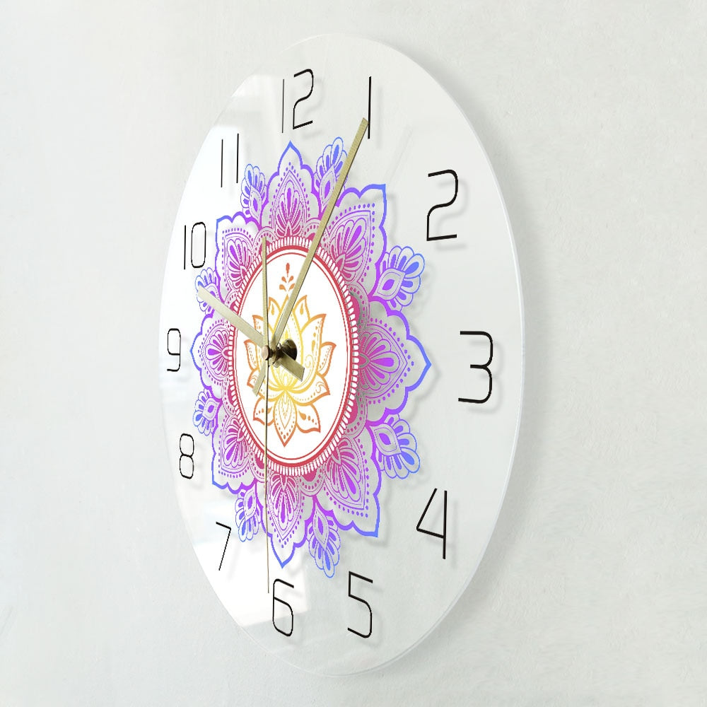 Mandala with Lotus Flower Modern Wall Clock OM Studio Sign Living Room Bedroom Bohemian Wall Decor Psychedelic Wall Clock Watch - DITCHWORLD