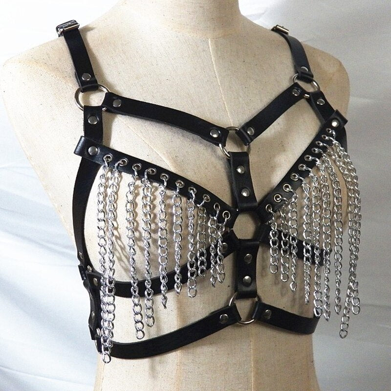 LEATHER HARNESS Belt Body chain Bondage Lingerie Sexy Goth adjustable Cage Bra Dance festival Halloween Punk Wear for Women - DITCHWORLD