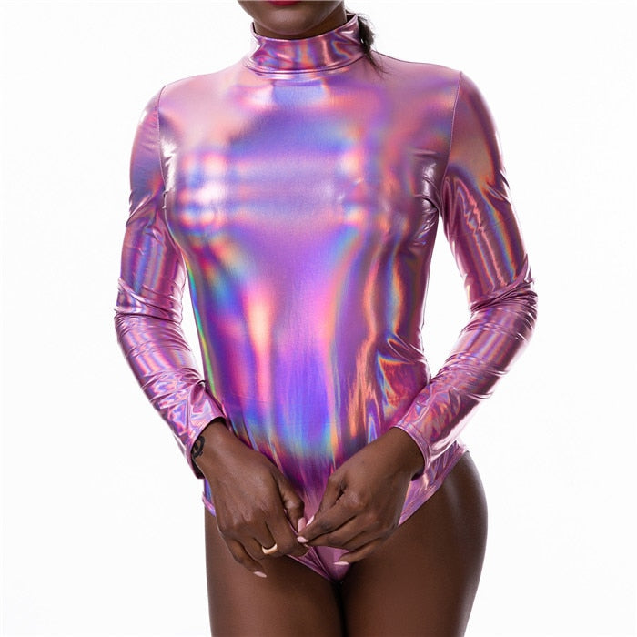 Shiny Holographic Women Bodysuit With Long Sleeve O Neck Wet Look Back Zipper Skinny Playsuits Summer Party Night Club Jumpsuits - DITCHWORLD