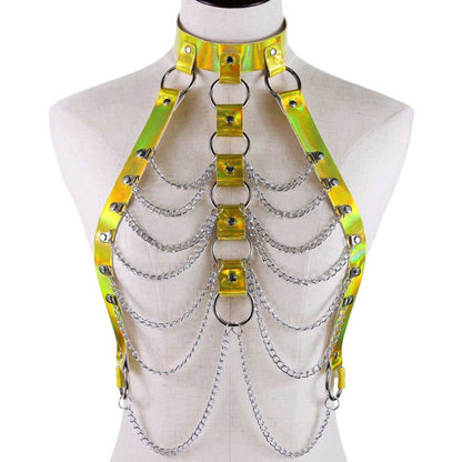 Holographic Leather  Body Chain Harness Top Punk  Women Holo Rainbow  Waist  Jewelry  Festival Rave Outfit - DITCHWORLD