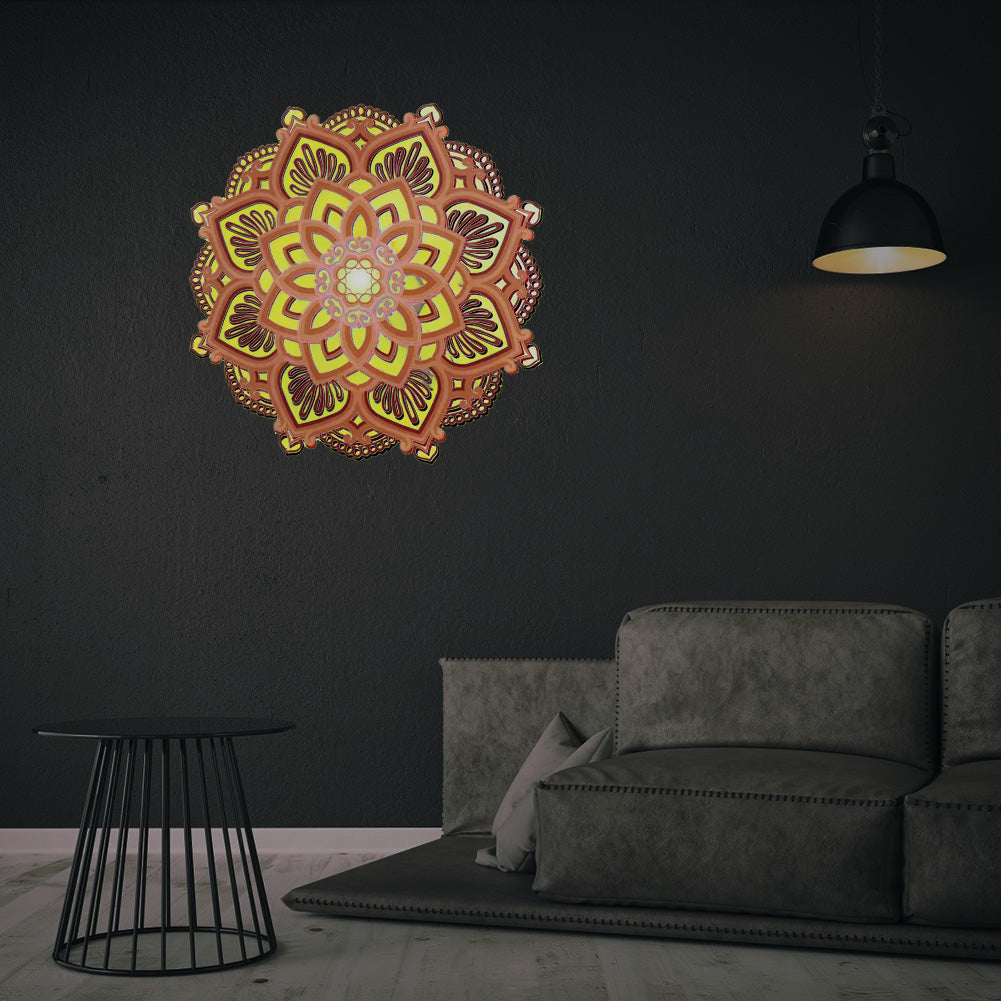 LED Night Light Mandala Yoga Room Nightlight Wooden Hanging Carved Multilayered LED Wall Lamp - DITCHWORLD