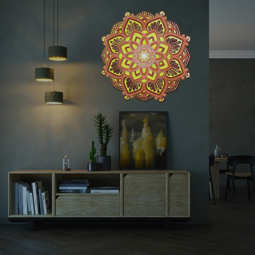 LED Night Light Mandala Yoga Room Nightlight Wooden Hanging Carved Multilayered LED Wall Lamp - DITCHWORLD