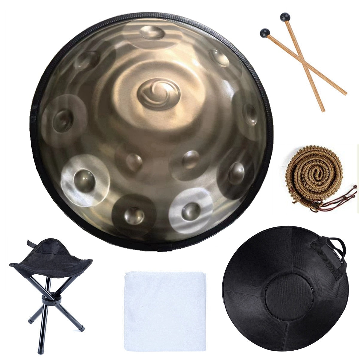 440Hz D Minor 9/10/12 Notes Spiral Hand Pan Stainless Steel Tongue Hand Drum Sound Yoga Meditation Percussion Instrument - w Carry Bag & Accessories - DITCHWORLD